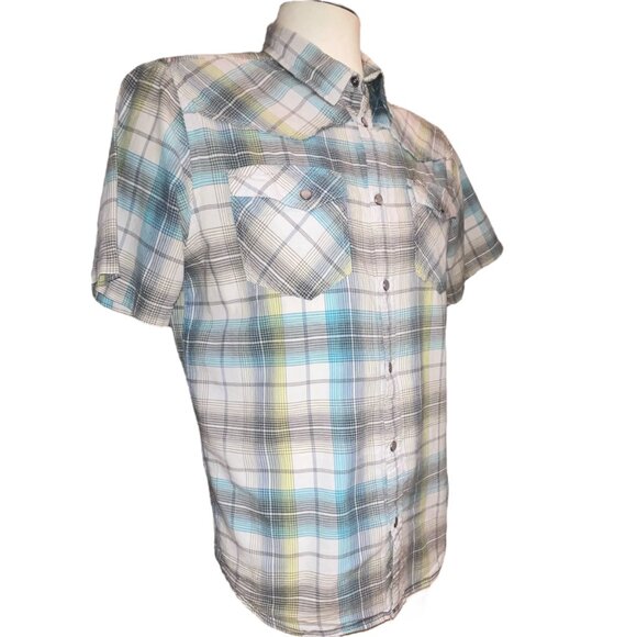 Prana Short Sleeve Pearl Snap Shirt Size Medium Plaid Western Dual Pockets - Picture 2 of 10